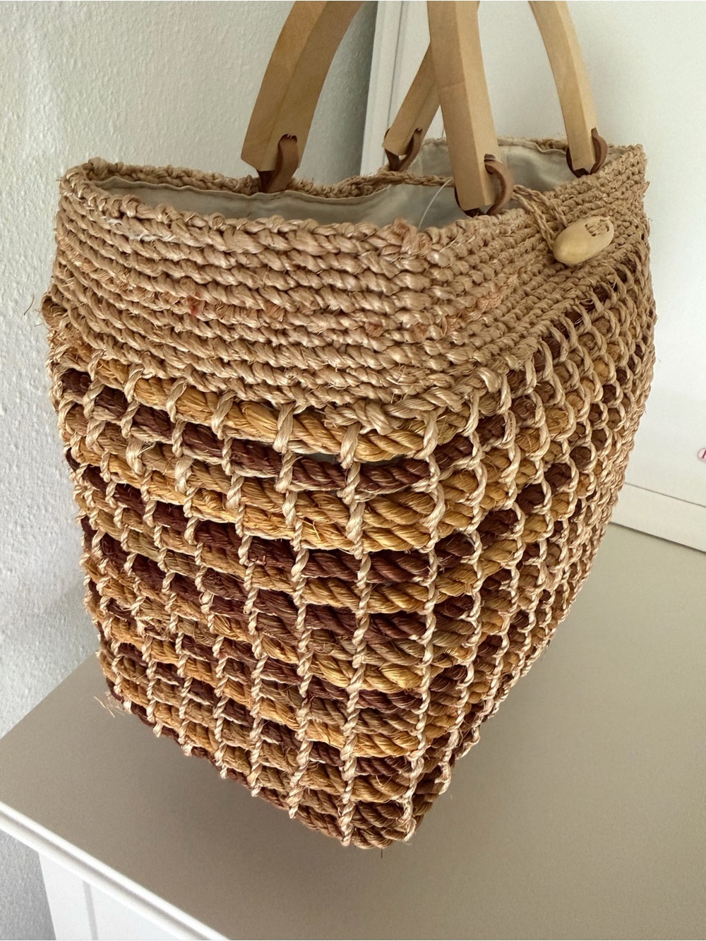 Talbots Woven Straw Tote in Brown and Tan with Wooden Handles - Picture 3 of 9